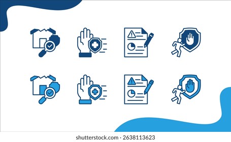 Work safety icon set with Inspection, Safety Measures, Incident Report and Prevention.