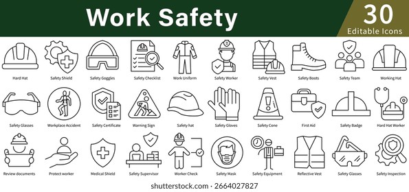 Conjunto de iconos de seguridad en el trabajo en estilo de línea con Vector editable para seguridad, protección y seguridad en el lugar de trabajo y Industrial