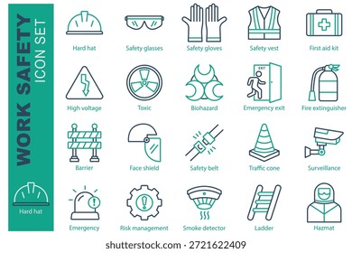 Work safety icon set. line icon style. containing icon hard hat, first aid kit, emergency exit and more. safety element vector illustration