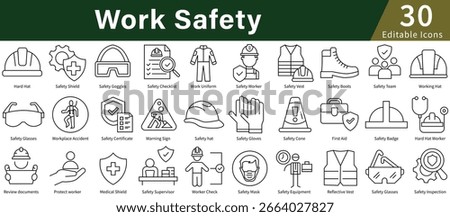Work Safety Icon Set in Line Style with Editable Vector for Workplace, Security, Protection, and Industrial Safety