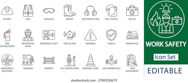 work safety icon set: professional ppe industrial compliance, construction site hazard warning, emergency response and fire protection, and occupational risk assessment line icons
