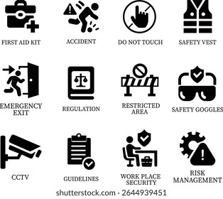 Work safety icon set.Warning sign safety first clip art collection for under construction.Obstacle vector illustration.Icon vector for safety and health at work with safety first.