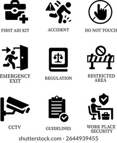 Work safety icon set.Warning sign safety first clip art collection for under construction.Obstacle vector illustration.Icon vector for safety and health at work with safety first.