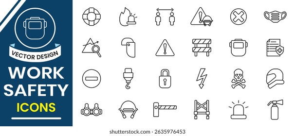 Work Safety icon vector set. Outline icons related to work safety, protection, emergency, evacuation, fire, first aid,  danger warnings, and more. Vector illustration.