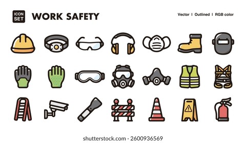 Work safety illustration icon set.Simple vector outlines, clipart for graphic design.