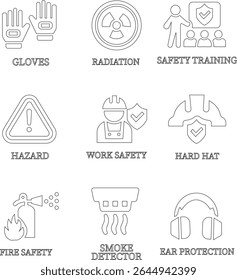 Work safety line art icon set.Warning sign safety first clip art collection for under construction.Obstacle vector illustration.Icon vector for safety and health at work with safety first.