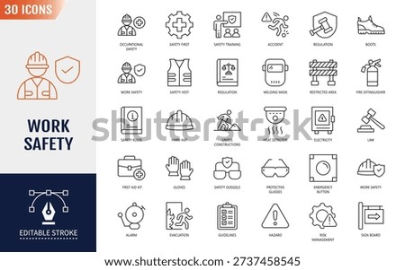 Work safety line editable icon set. Icons related to workplace security, Safety first, hard hat, insurance, first aid kit, risk management, regulation, and more. Outline icon with Editable stroke. Vector illustration