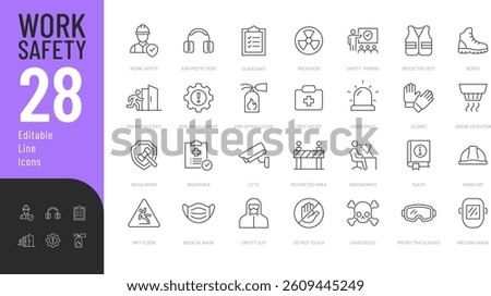 Work Safety Line Editable Icons set. Vector illustration in modern thin line style of occupation related icons: warning signs, protective clothing and equipment, and more. Isolated on transparent back