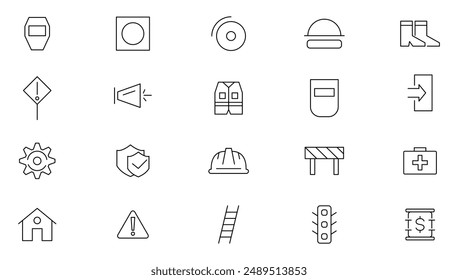 Conjunto de iconos de línea de seguridad de trabajo. Construcción, peligro, protección, salud, gafas, auriculares, colección de iconos de contorno de respirador. Conjunto de iconos de esquema delgado de UI.