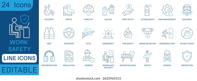 Work safety line icon set. Containing hard hat, risk management, first aid kit, ear protection, workplace security, CCTV, regulation, safety training, hazard and more. perfect icon collection.