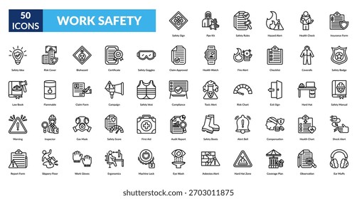 Work Safety Line Icon Set. Safety Sign, Ppe Kit, Safety Rules, Hazard Alert, Health Check, Insurance Form, Safety Badge