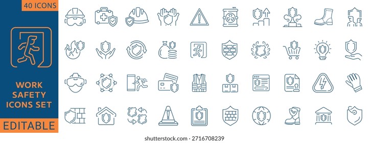 Conjunto de iconos de línea de seguridad de trabajo. Contiene seguridad en el lugar de trabajo, gestión de riesgos, seguridad primero, casco, seguro, botiquín de primeros auxilios, regulación y más. Totalmente editable. Ilustración vectorial.