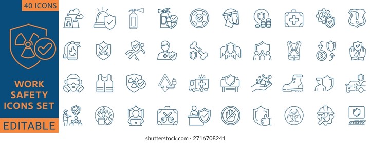 Conjunto de iconos de línea de seguridad de trabajo. Contiene seguridad en el lugar de trabajo, gestión de riesgos, seguridad primero, casco, seguro, botiquín de primeros auxilios, regulación y más. Totalmente editable. Ilustración vectorial.