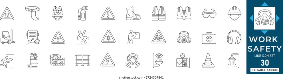 Conjunto de iconos de línea de seguridad en el trabajo con símbolos industriales de SST, equipo de protección y SST. Ideal para manuales de capacitación, App de seguridad y carteles de recursos humanos. Vector totalmente editable