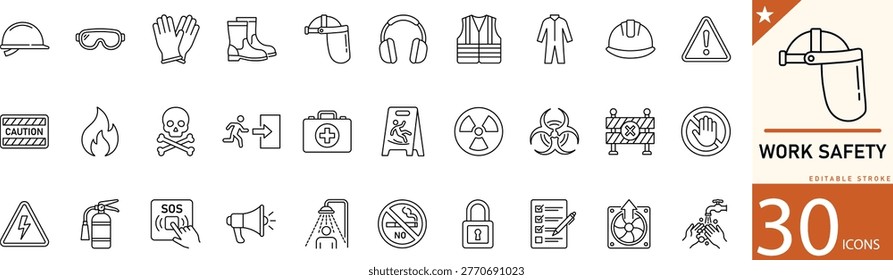  Work Safety line icon set for workplace protection, construction, helmet, hazard, warning, and safety rules. Editable vector icons for industrial projects, training materials, and safety guidelines