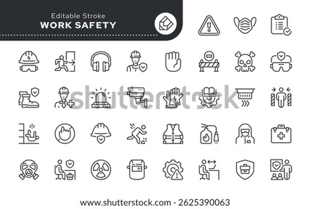 Work safety line icon set. Labor protection, hard hat, protective glasses and gloves, ear protection, safety training, hazard and more. Outline icon in linear style. Vector collection.	
