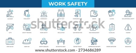 Work safety line icon set collection in solid glyph style, goggles, hard hat, engineer, exit, first aid, glove, and an icon pack containing safety. Editable line icon collection.