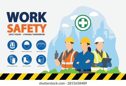 Work Safety,  Personal Protective Equipment Icons and Construction Workers,  Vector Illustration