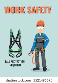 Work safety poster. Fall protection required. Construction worker in uniform. Vector infographic about safety equipment. PPE.