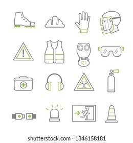 Work Safety And Protection Line Icon Set. Vector Illustration Icons, Secutity, Operational Safety And First Aid Symbols