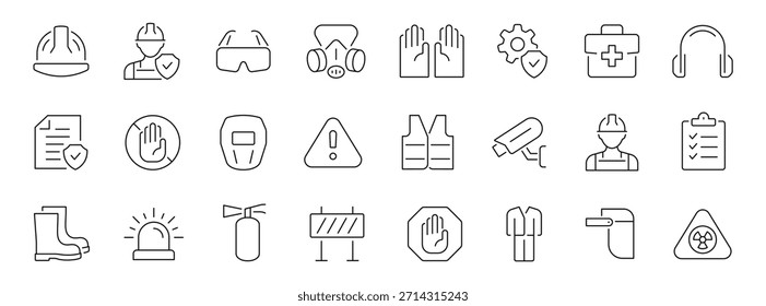 Conjunto de iconos de línea delgada de seguridad y protección en el trabajo. Trazo editable. Vector