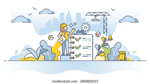 Work safety regulations and worker security protection policy outline concept. Construction site rules and standard caution regulation document for trauma health danger prevention vector illustration.