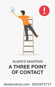 Work safety rules. Always maintain a three point of contact while using ladder. Painter man standing on staircase and paints the wall. Poster design. Flat vector illustration template.