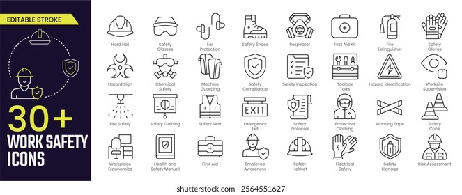 Work Safety Stroke icon collections. Containing Hard Hat, Safety Compliance, First Aid Kit, Safety Vest, Emergency Exit, Training, Protective Clothing, and more icons. Editable Stroke icon collection