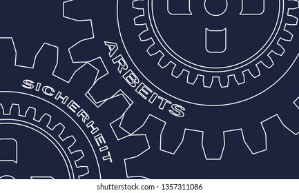 Work and safety text on the mechanism of gears. An inscription in German. Communication concept in industrial design. Modern brochure design template