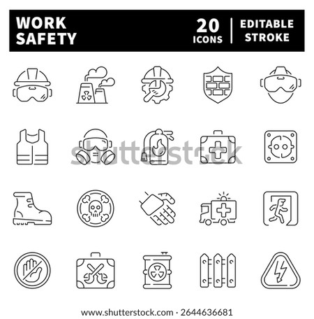 Work safety vector icons in line style. Thin line icons related to safety work and workplace