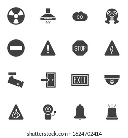 Work safety vector icons set, modern solid symbol collection, filled style pictogram pack. Signs, logo illustration. Set includes icons as alarm flasher, security camera, safety bell, door exit