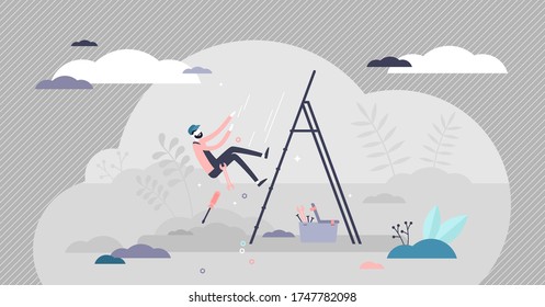 Work safety vector illustration. Trauma risk in job place flat tiny persons concept. Irresponsible health protection attitude in construction site. Security equipment to eliminate lethal death cases.