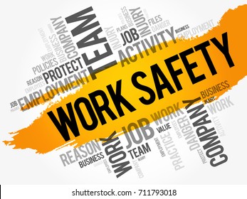 Work Safety word cloud collage with terms such as employee, company, business concept background