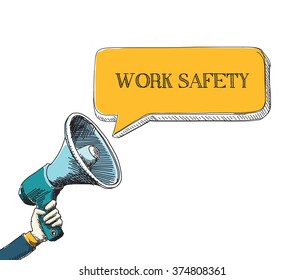 WORK SAFETY word in speech bubble with sketch drawing style