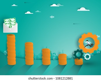 work for salary,Businessman running in gear or cog sign go to salary on coins on landscape city background. business Concept ,vector illustration eps10.