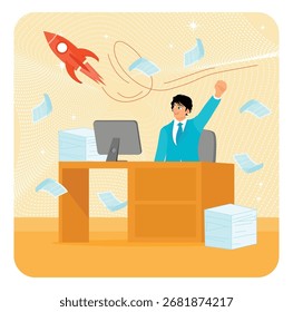 Work satisfaction concept. Businessman working at office computer desk, surrounded by flying papers and rockets launching, symbolizing Success leadership or positive office atmosphere.