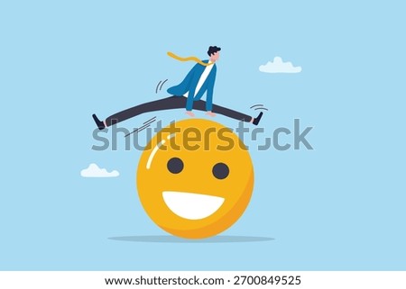 Work satisfaction, employee engagement, positive wellbeing career, job pleasure or appreciation, enjoyment or delight happiness, happy businessman jump over smiling face metaphor of satisfaction.