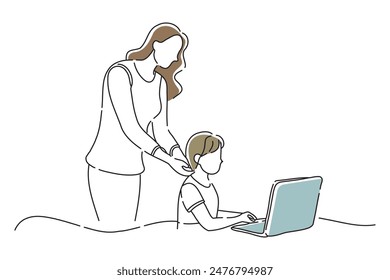 Work scene of a lively child-rearing mother, doodle line art flat vector illustration