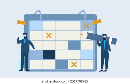 work schedule business event and calendar concept. People with schedules and notes organize meetings.