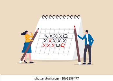 Work Schedule Calendar, Project Management Timeline Or Business Planning And Reminder Concept, Smart Businessman And Woman Office Worker Holding Big Pencils Discussing Project Timeline Calendar.