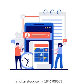 Work schedule, daily plan, work organizer concepts with character. People stand near smartphone, calendar, clock. Modern flat style for landing page, mobile app, web banner, infographics, hero images.