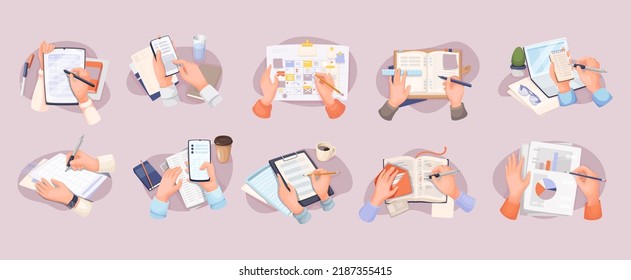 Work with schedule and documents, plan to organize business tasks. Cartoon isolated hands holding pencil and pen to write in diary, working with mobile planner app in phone. Set vector illustration.