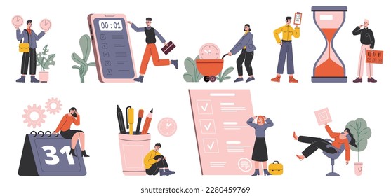 Work schedule. Effective time management. Goals and tasks planning. Cartoon people with clocks and calendars. Phone agenda control. Date tracking and hours. Vector