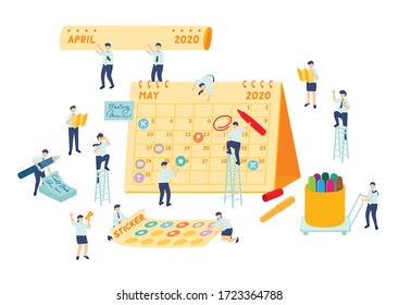 Work schedule employee teamwork management, Miniature assembly team staff make planning calendar, Business metaphor concept, Poster or social banner design, Vector illustration isolated background