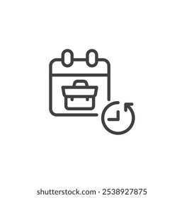 Icono de línea de programación de trabajo. signo de estilo lineal para concepto y Diseño web móvil. Calendario con Vector de contorno de reloj y maletín. Símbolo de eficiencia y productividad, ilustración de logotipo. 