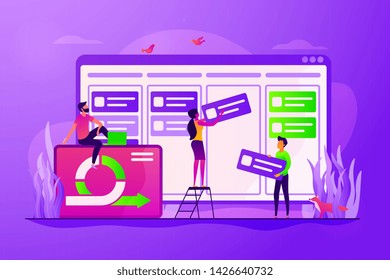Organización del programa de trabajo, planificación del tiempo y administración del flujo de trabajo. Junta kanban, proceso de comunicación en equipo, concepto de gestión ágil de proyectos. Ilustración creativa de concepto aislado por vectores