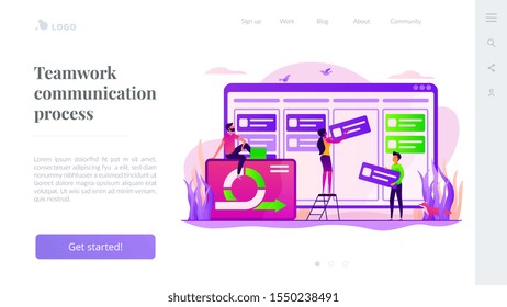 Work schedule organization, time planning and workflow managing. Kanban board, teamwork communication process, agile project management concept. Website homepage header landing web page template.