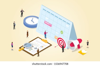 work schedule for project management office with employee target time clock with modern isometric style - vector