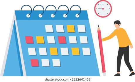 Work schedule or syllabus calendar, Planning for appointment and event, Project management timeline, Deadline reminder, Holding pencil with schedule, Calendar and alarm clock

