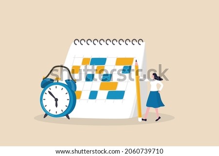 Work schedule or syllabus calendar, planning for appointment and event, project management timeline, or business deadline reminder concept, woman holding pencil with schedule calendar and alarm clock.